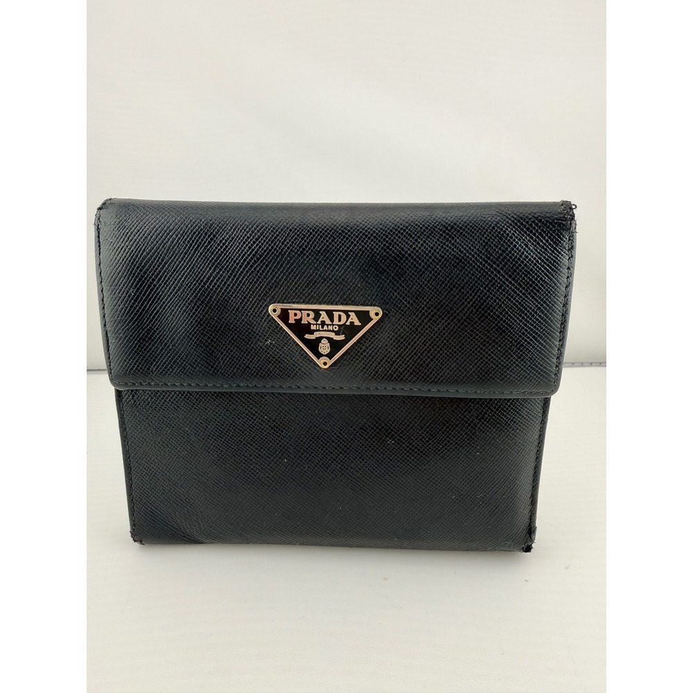Prada Black Saffiano Leather Tri-Fold Wallet Enamel Triangle Logo Italy Preloved